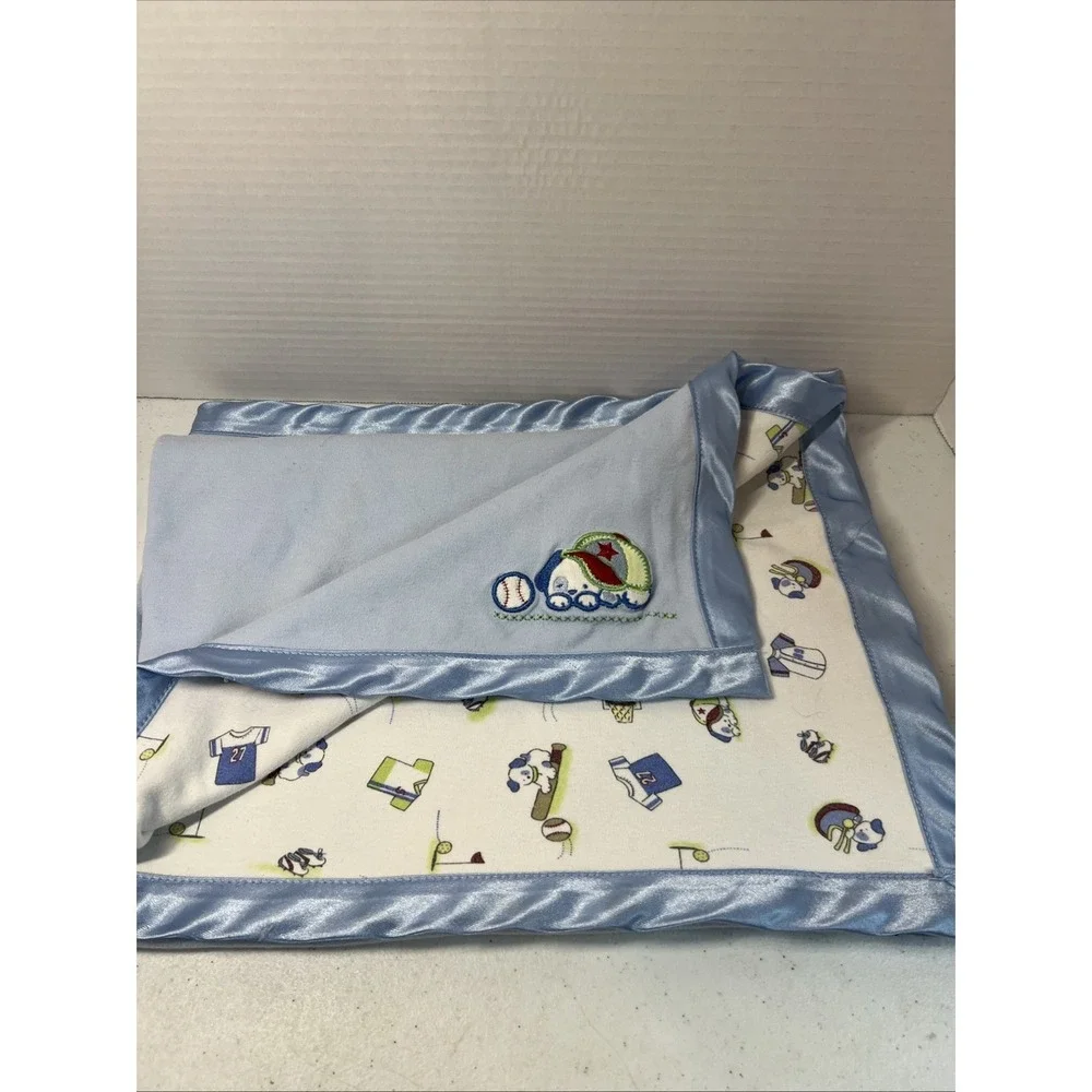 Baby Connection Puppy Dog Football Baseball Golf Satin Trim Blue Blanket HTF
